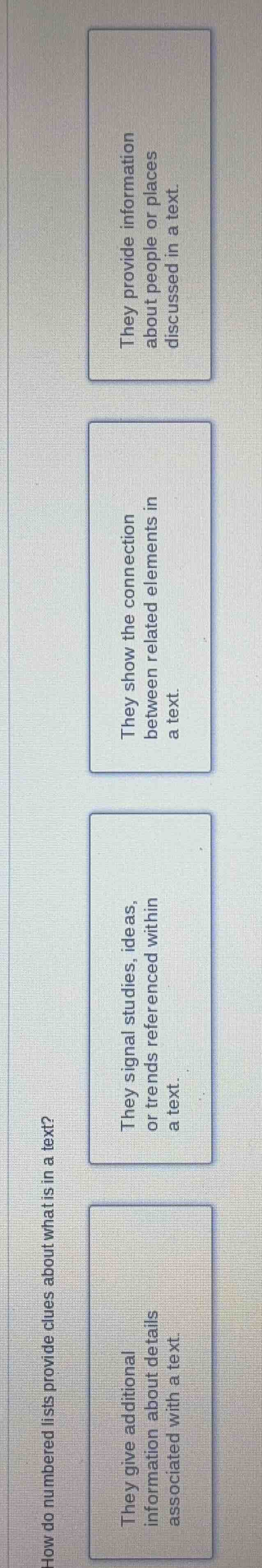 how do numbered lists provide clues about what is in a text? they give …