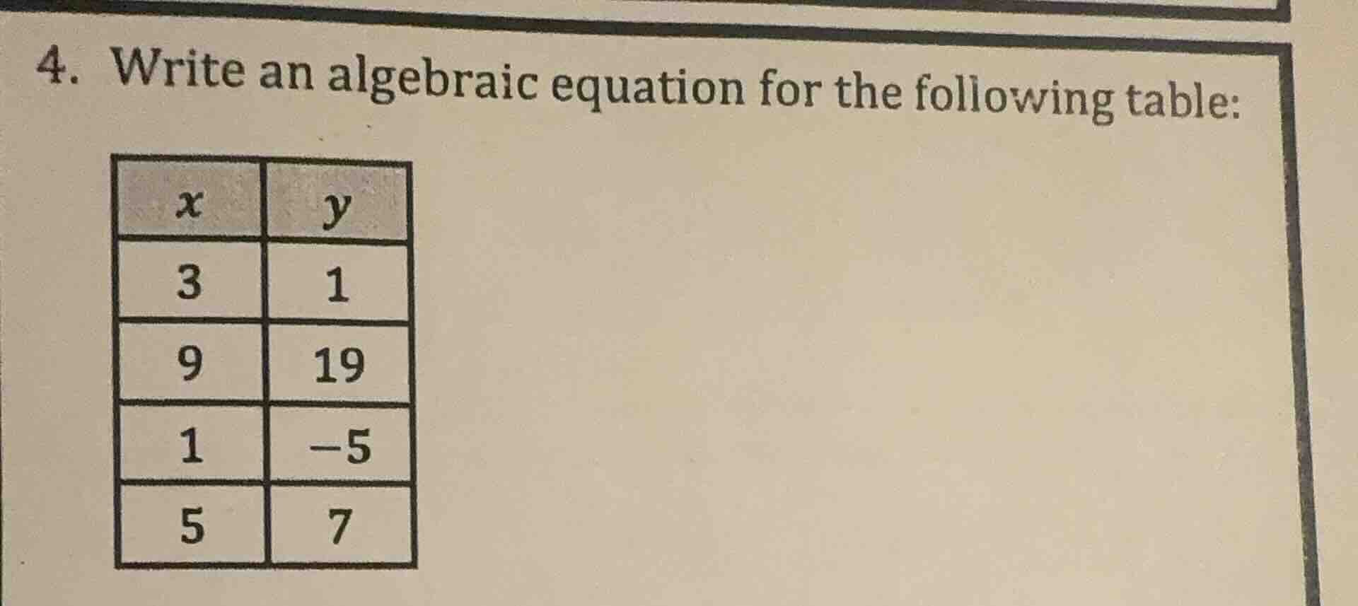 4. write an algebraic equation for the following table: | x | y | | 3 |…