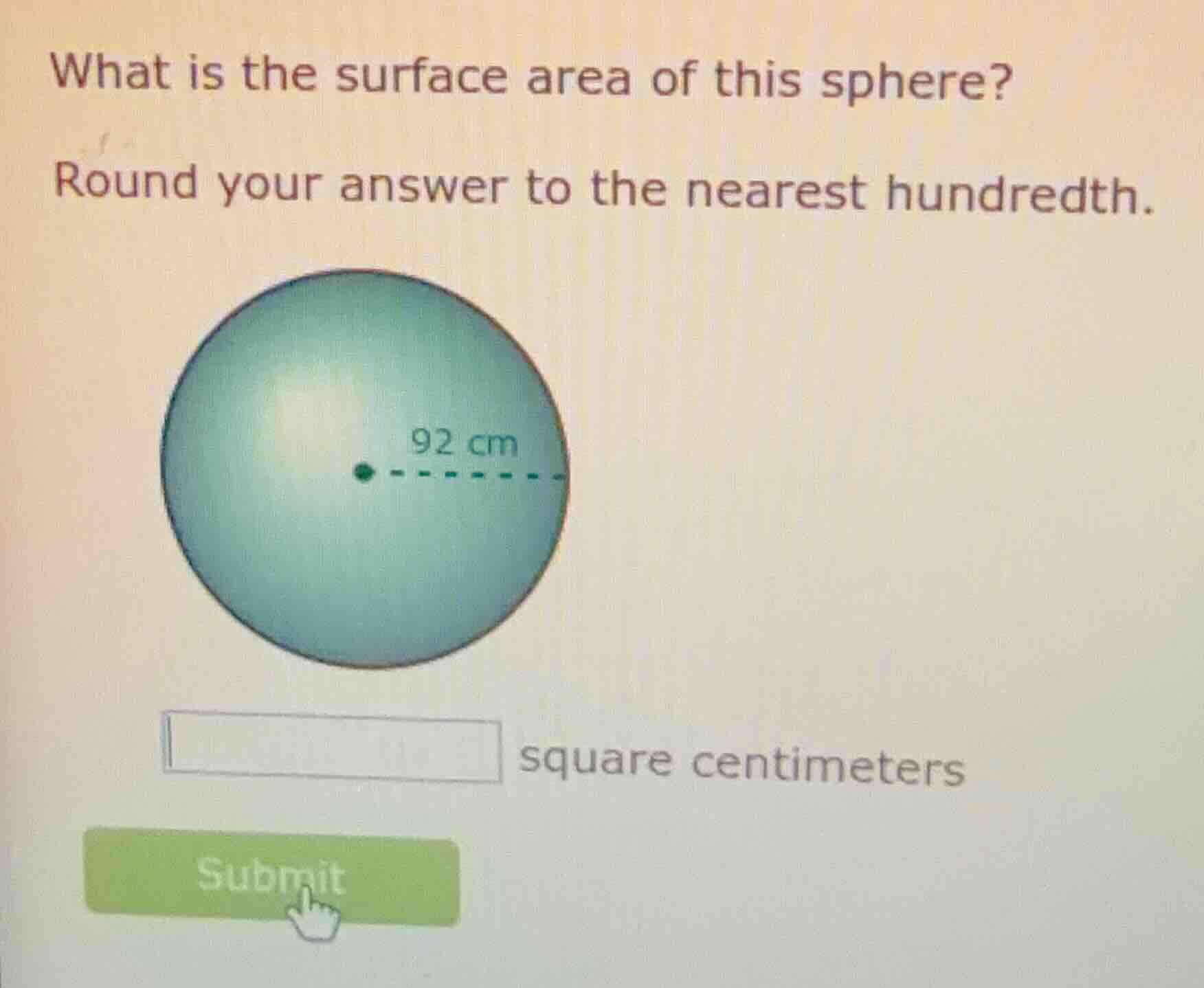 what is the surface area of this sphere? round your answer to the neare…