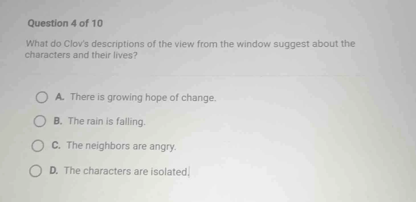 question 4 of 10 what do clovs descriptions of the view from the window…