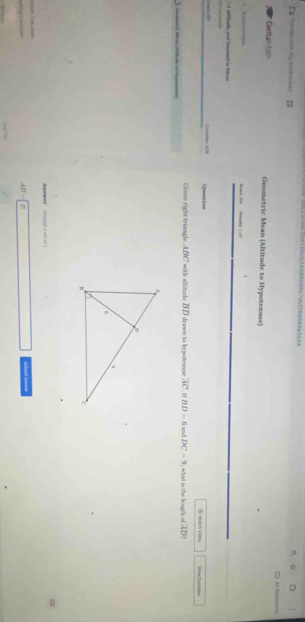 geometric mean (altitude to hypotenuse) question given right triangle a…