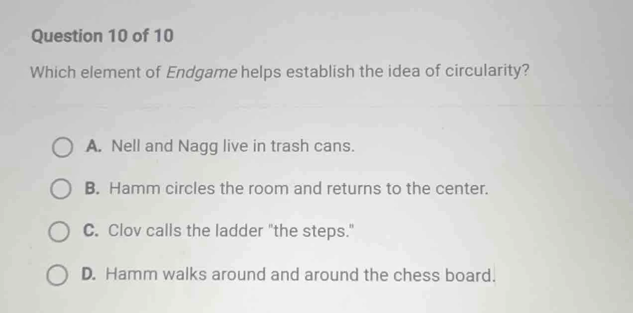 question 10 of 10 which element of endgame helps establish the idea of …