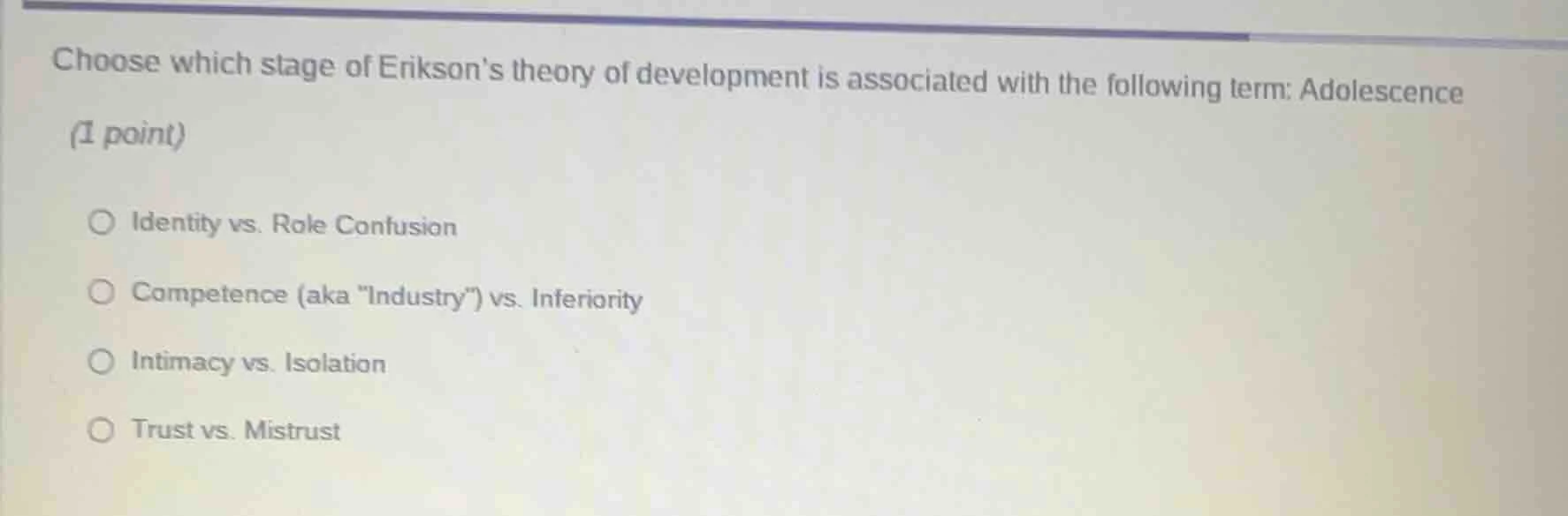 choose which stage of eriksons theory of development is associated with…
