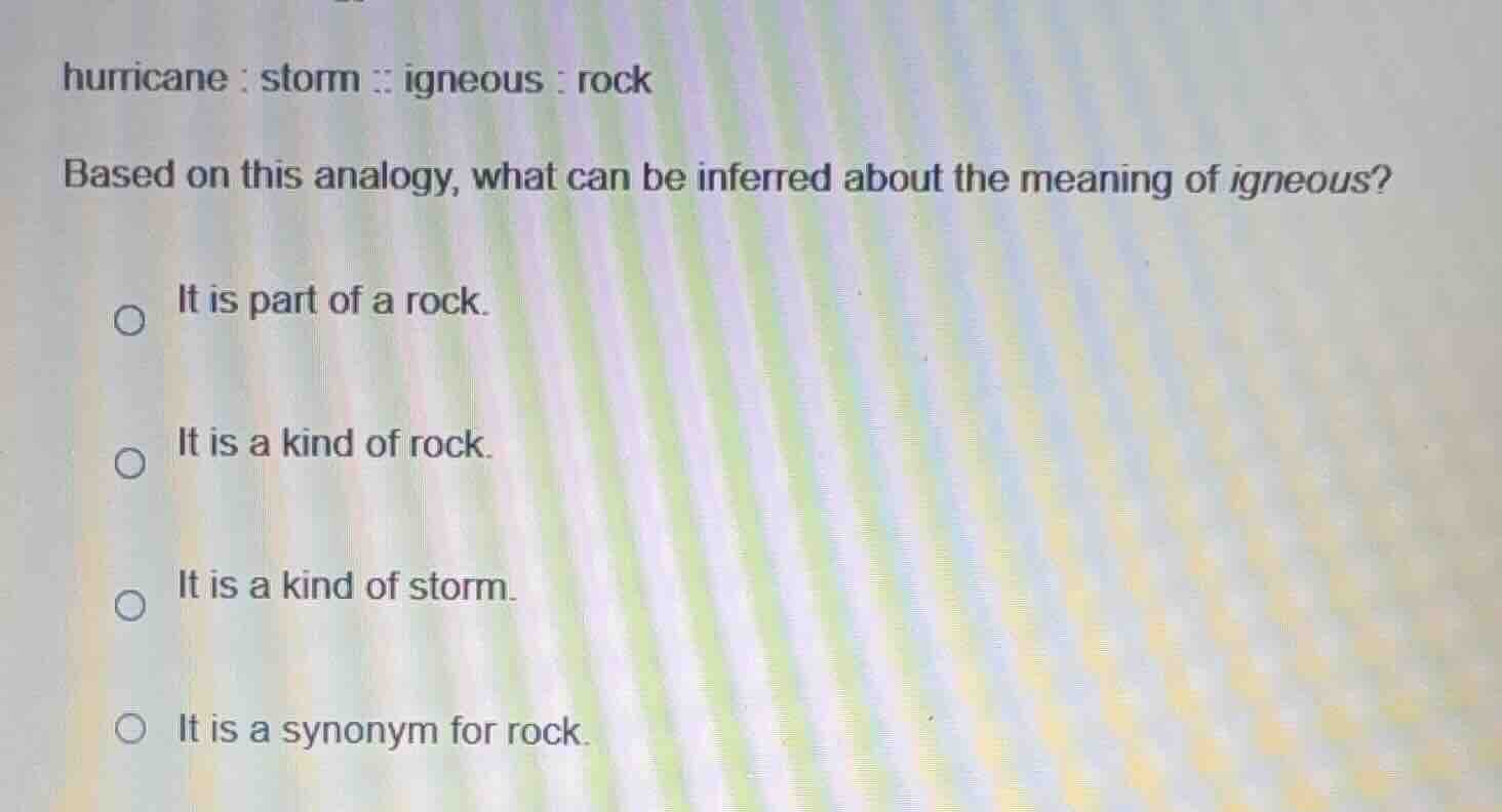 hurricane : storm :: igneous : rock based on this analogy, what can be …