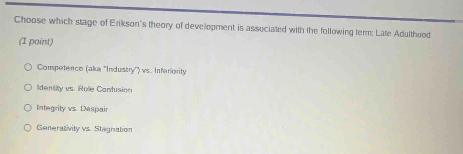 choose which stage of eriksons theory of development is associated with…