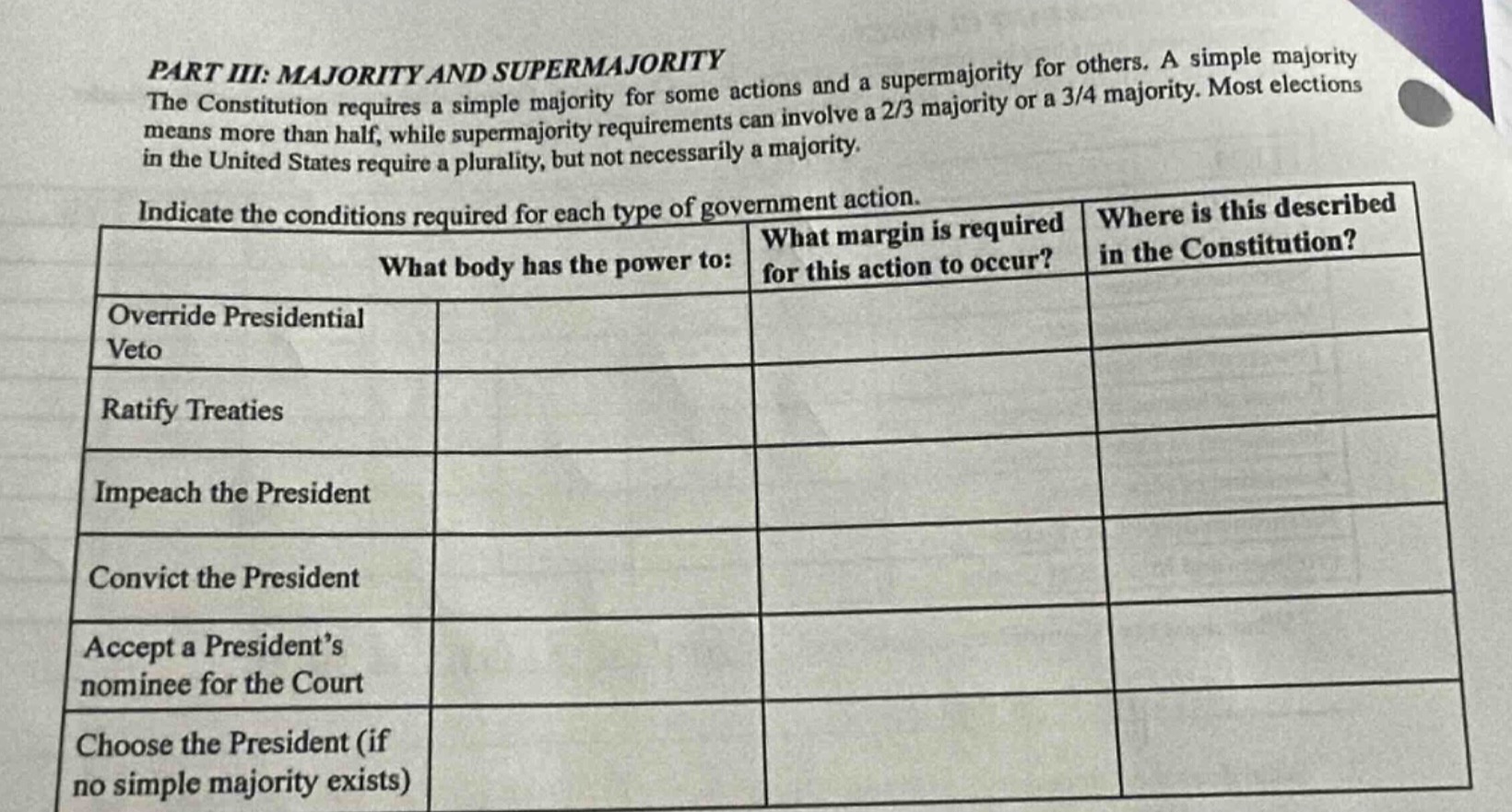 part iii: majority and supermajority the constitution requires a simple…