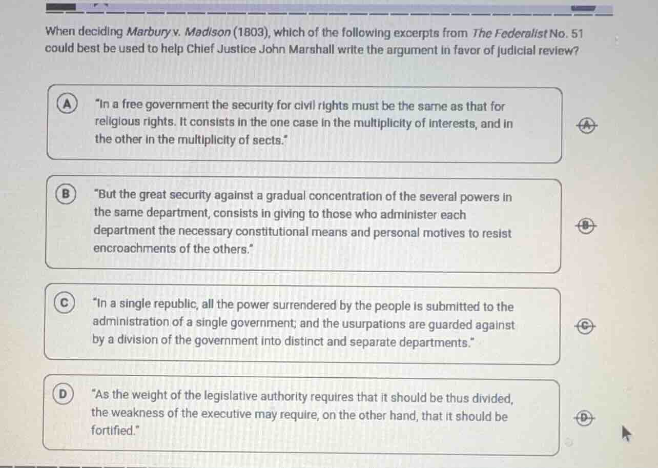 when deciding marbury v. madison (1803), which of the following excerpt…