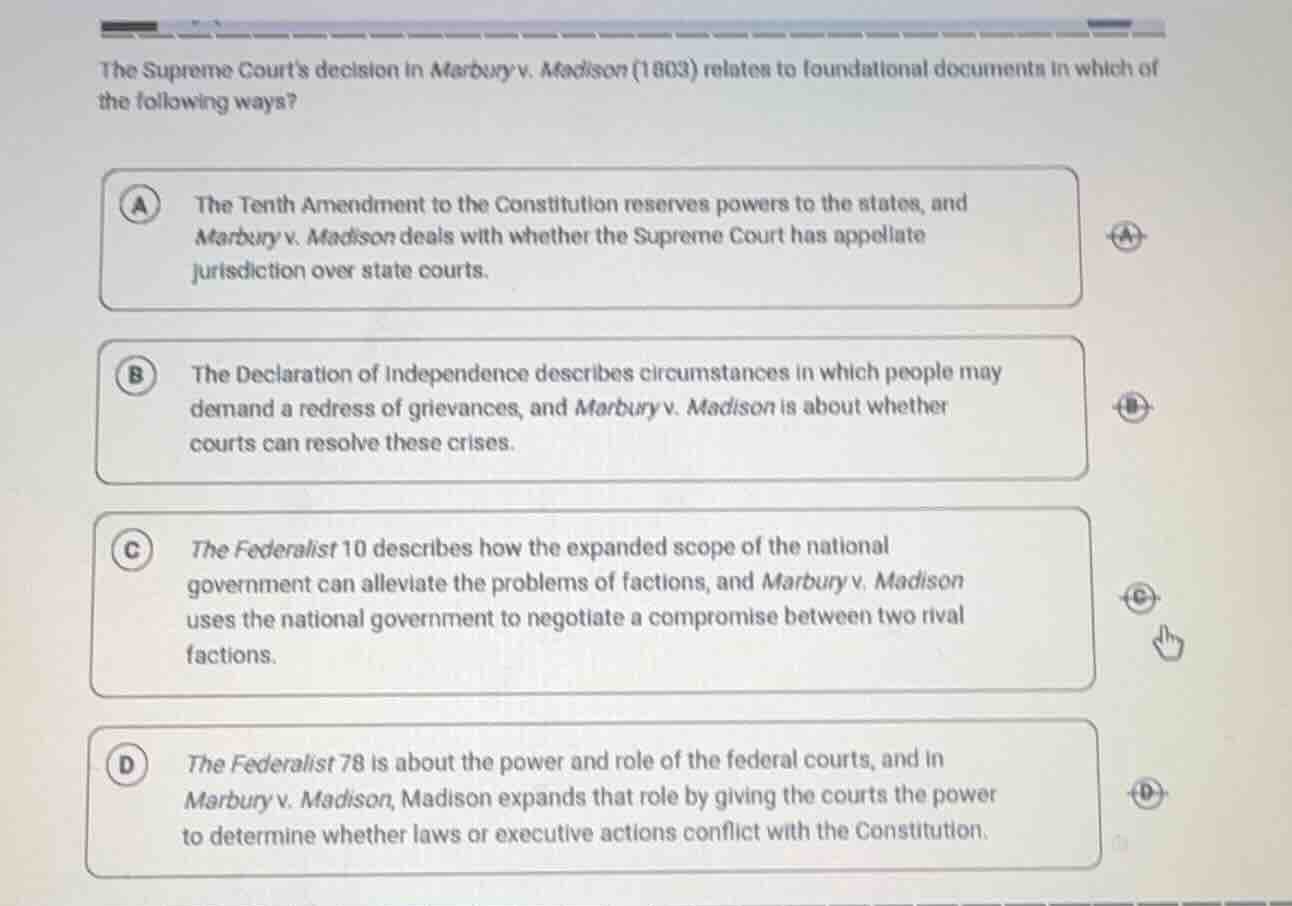 the supreme courts decision in marbury v. madison (1803) relates to fou…
