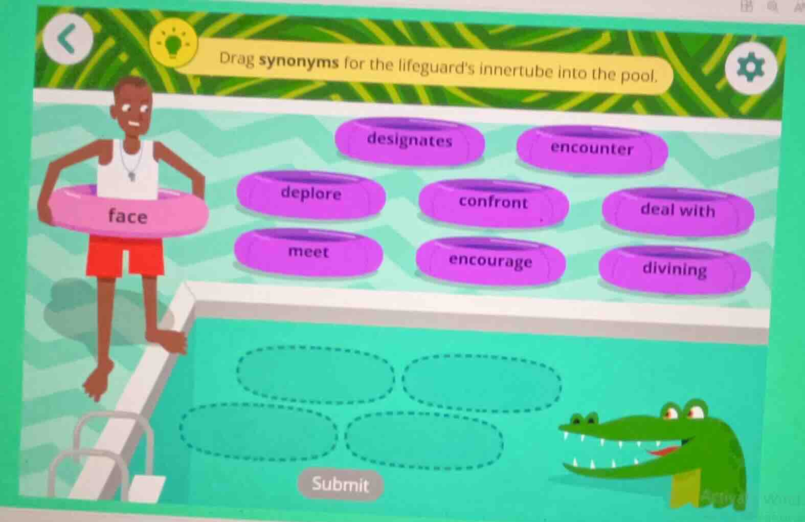 drag synonyms for the lifeguards innertube into the pool. face designat…