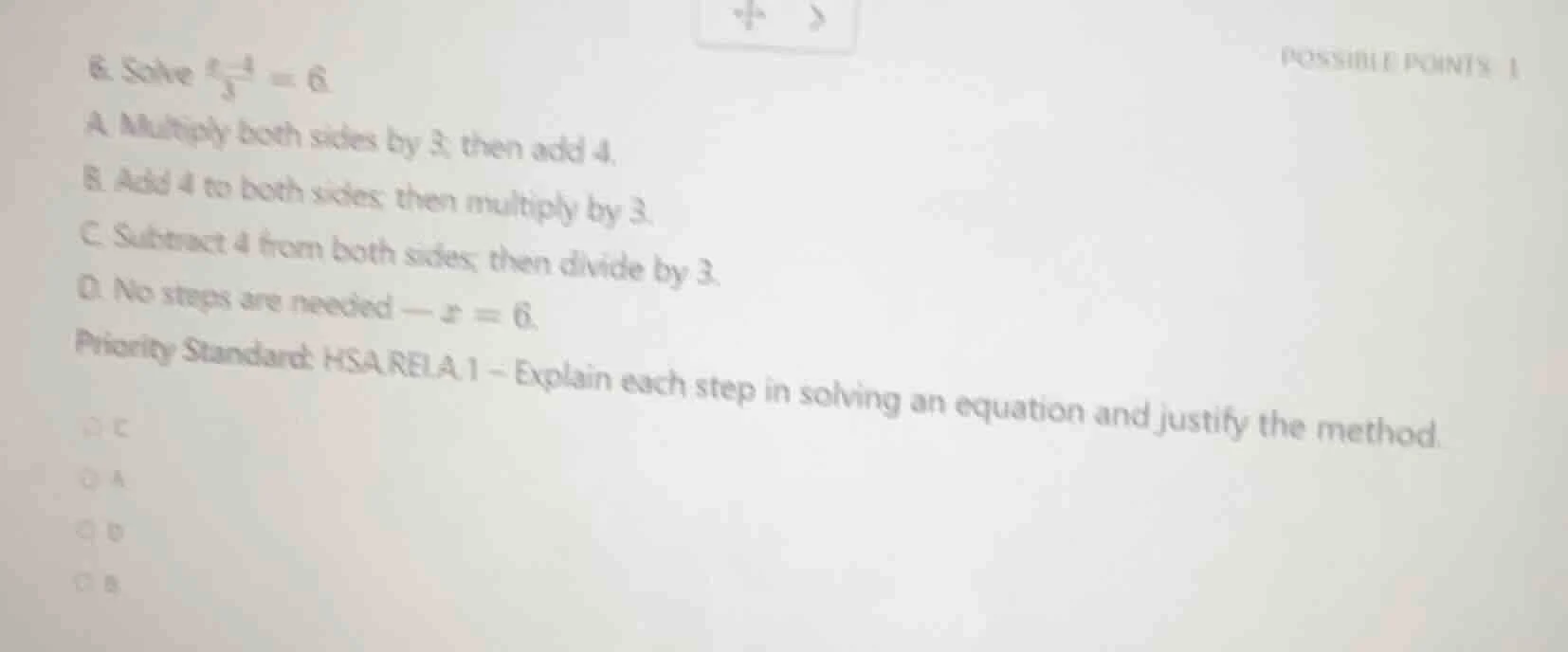 6. solve $\frac{x - 4}{3} = 6$. a. multiply both sides by 3; then add 4…