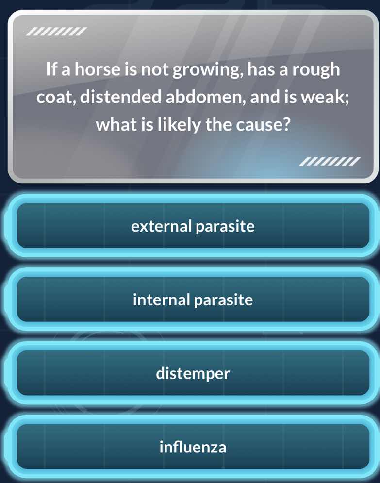 if a horse is not growing, has a rough coat, distended abdomen, and is …