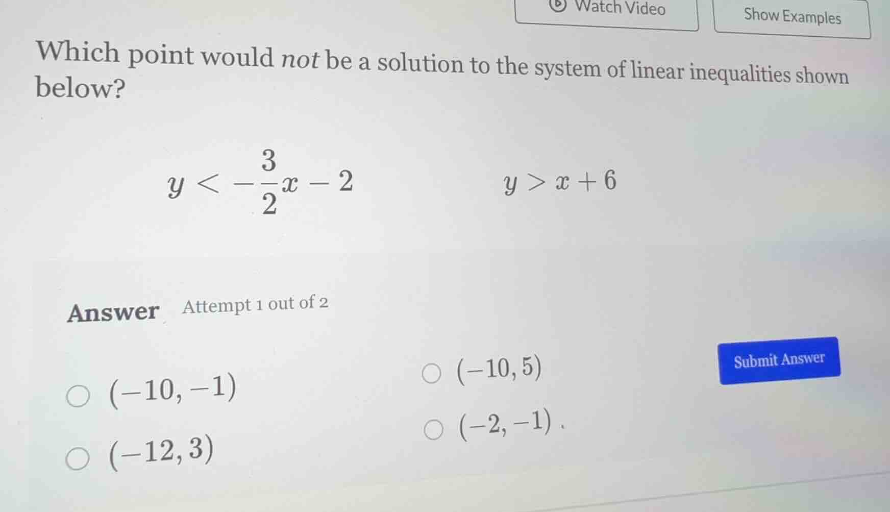 which point would not be a solution to the system of linear inequalitie…