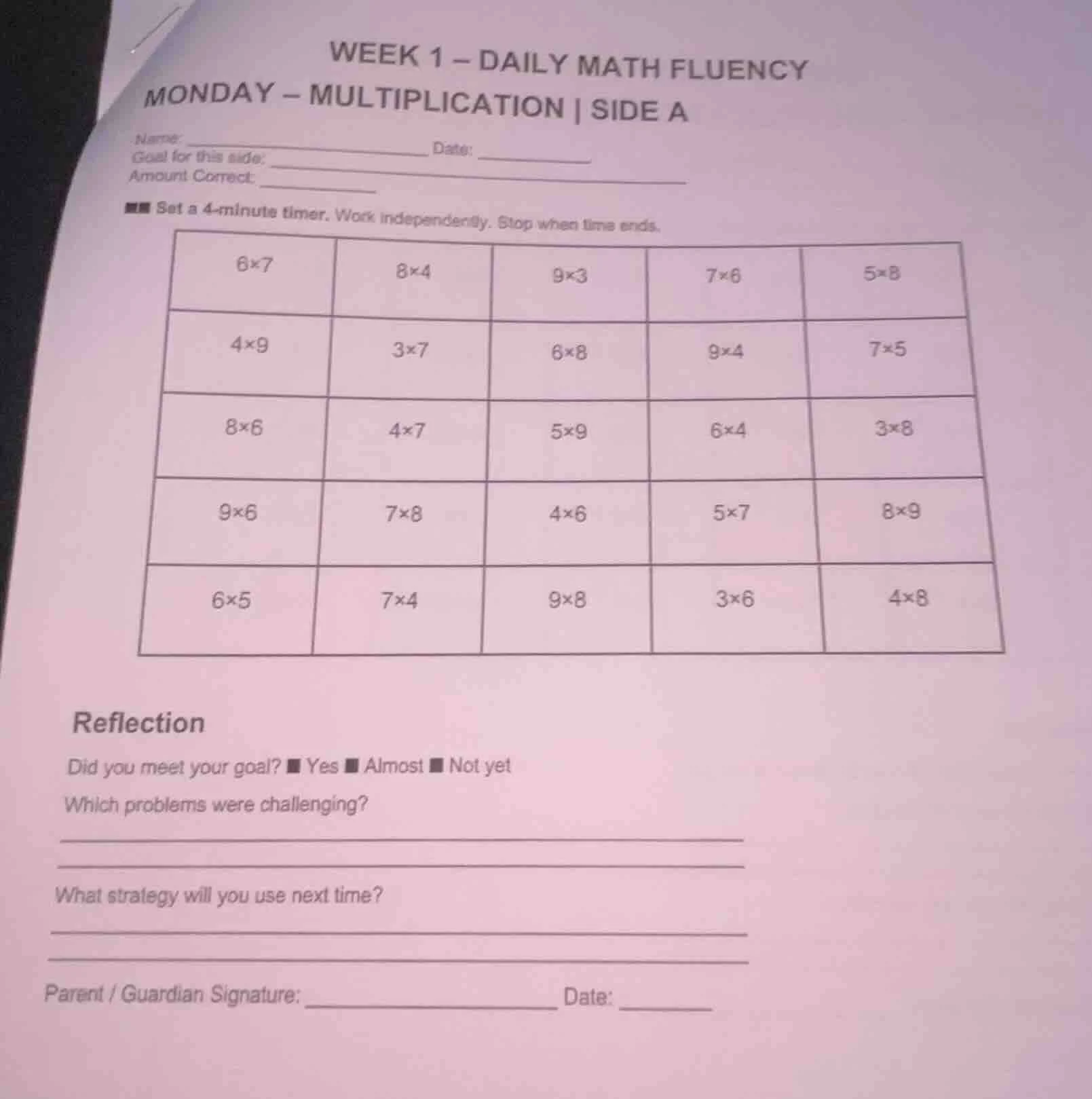 week 1 – daily math fluency monday – multiplication | side a name: ____…