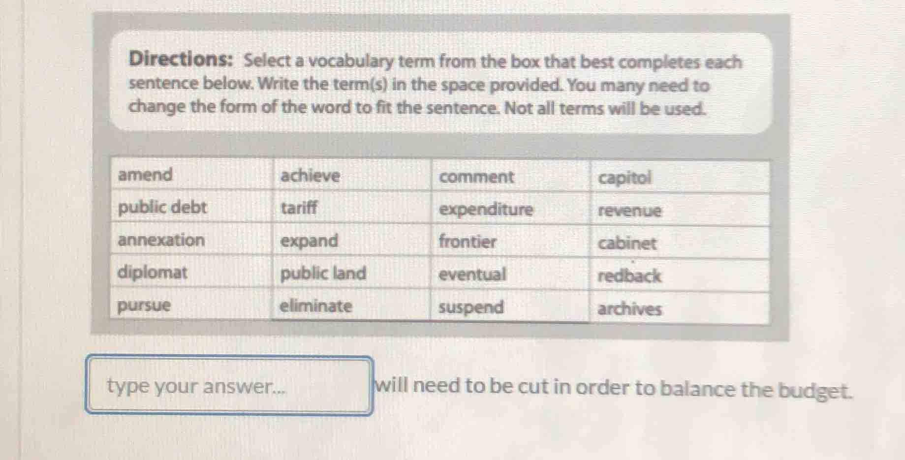 directions: select a vocabulary term from the box that best completes e…