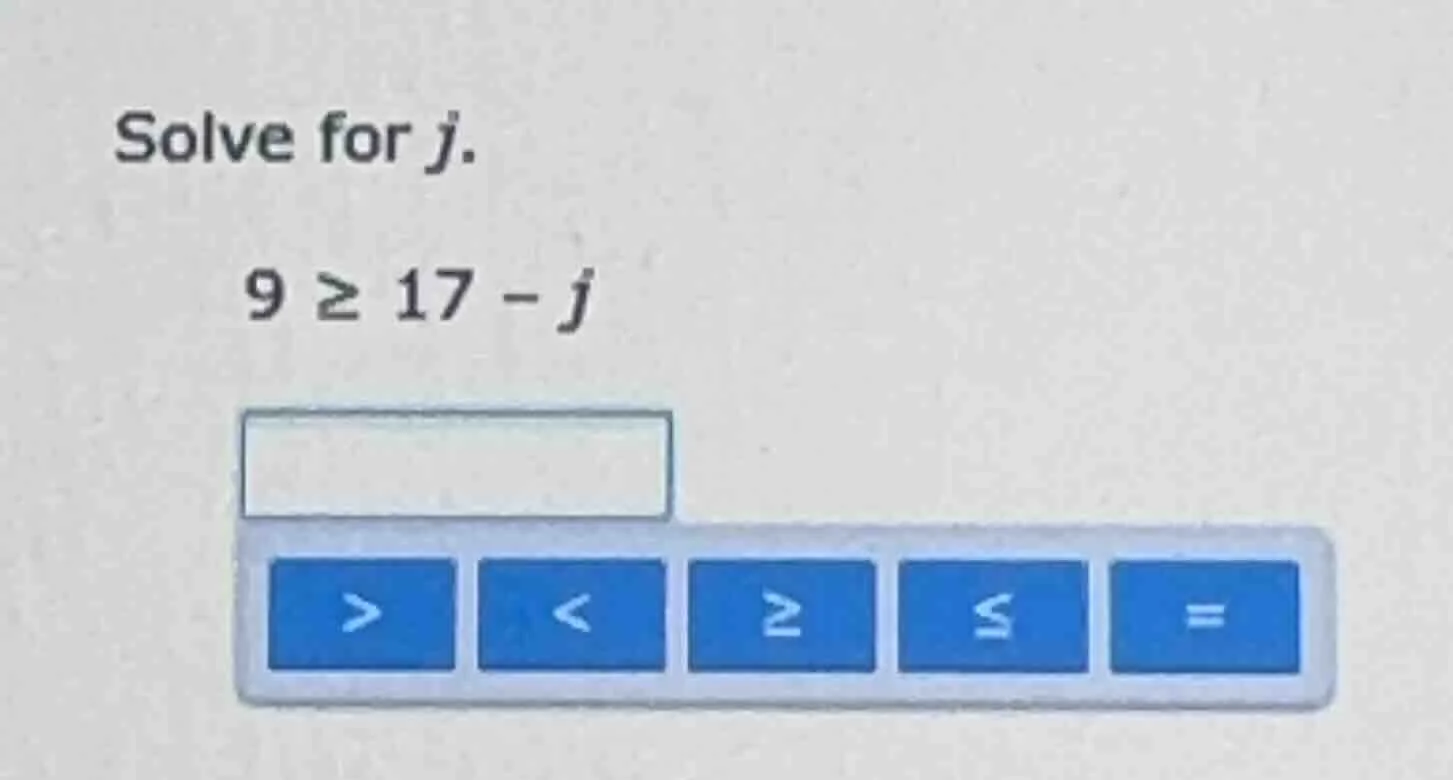 solve for j. 9 ≥ 17 - j