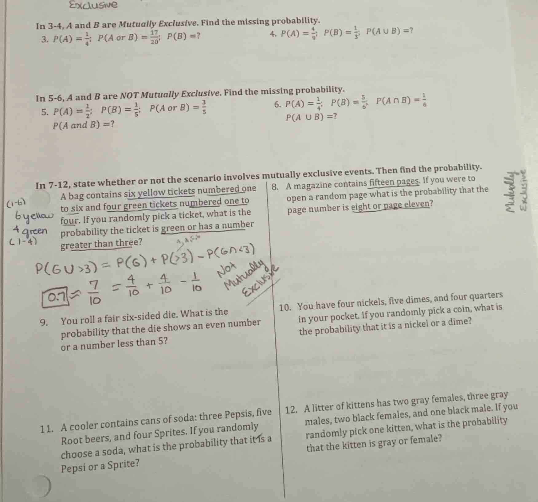 exclusive in 3-4, a and b are mutually exclusive. find the missing prob…