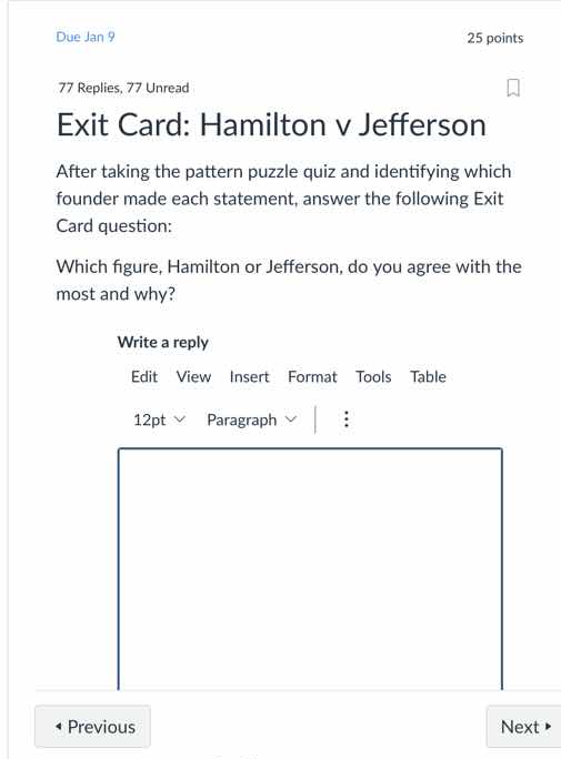 due jan 9 25 points 77 replies, 77 unread exit card: hamilton v jeffers…