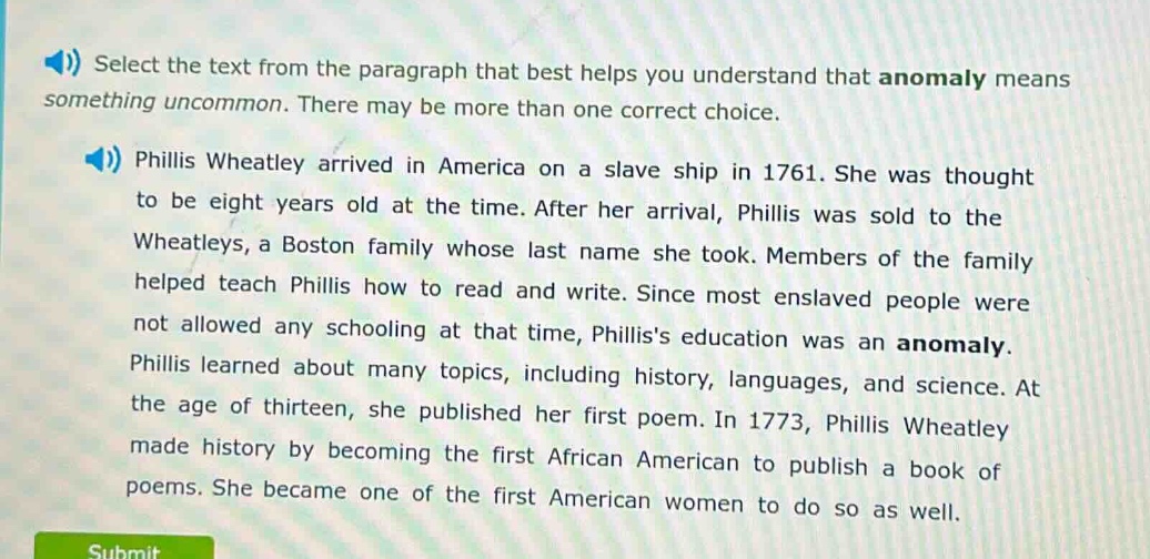 select the text from the paragraph that best helps you understand that …