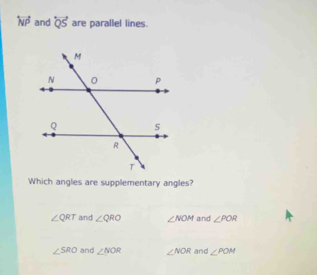 np and qs are parallel lines. which angles are supplementary angles? ∠q…