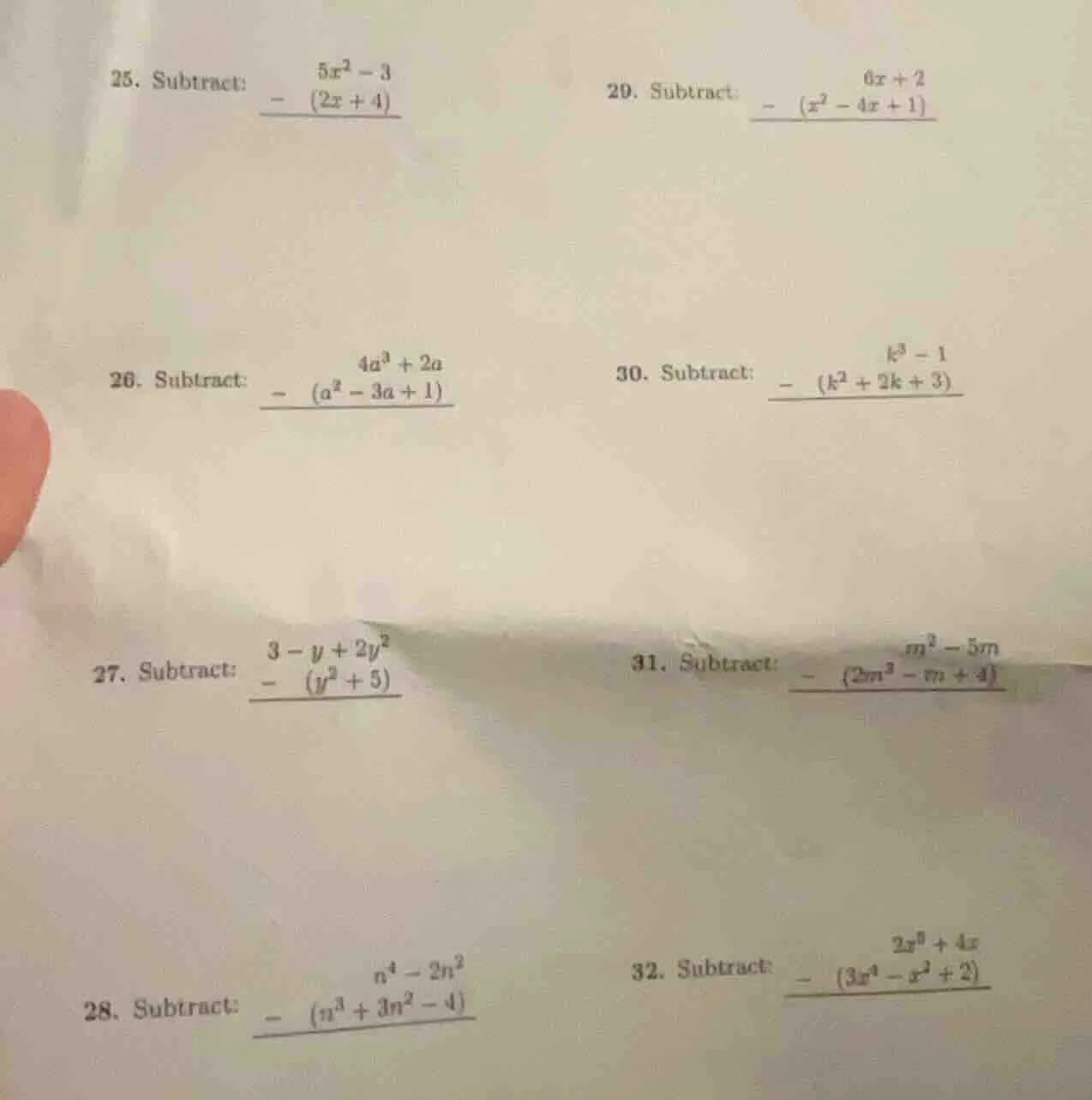 25. subtract: $\begin{array}{r}5x^2 - 3\\ - (2x + 4)\\ hlineend{array}$…