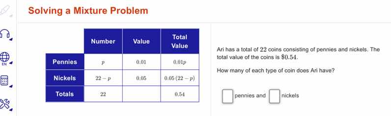 solving a mixture problem number value total value pennies p 0.01 0.01p…