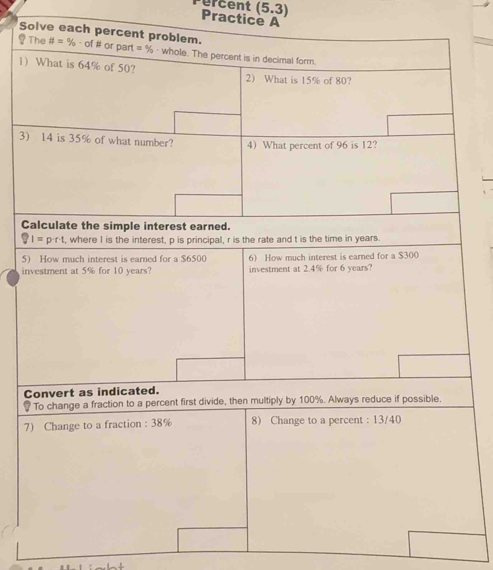percent (5.3) practice a solve each percent problem. the # = % · of # o…