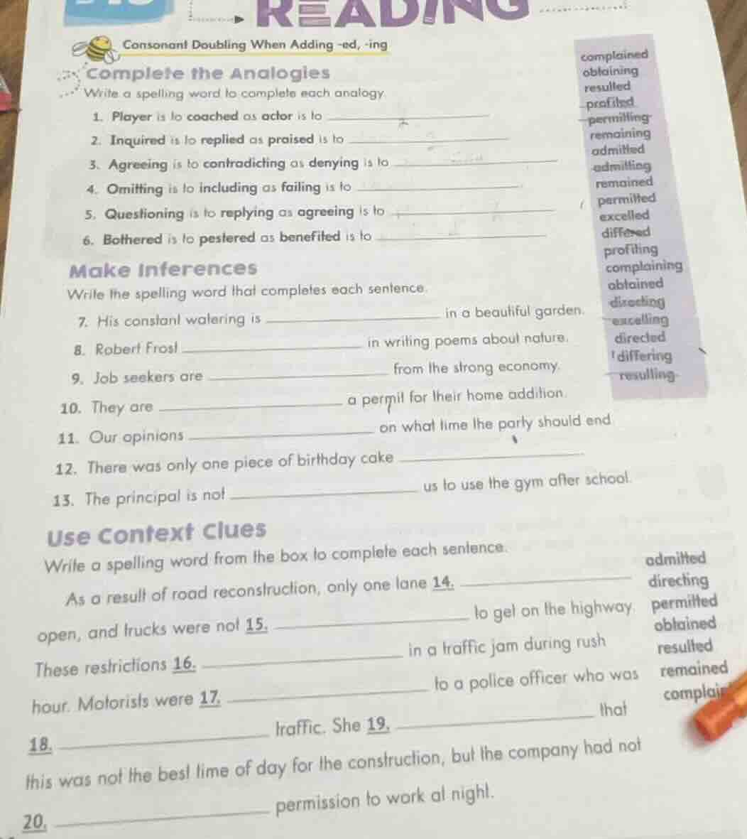 consonant doubling when adding -ed, -ing complete the analogies write a…
