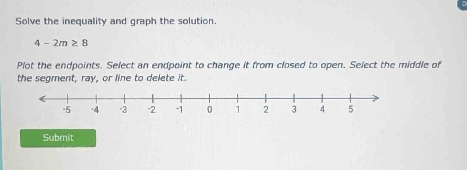 solve the inequality and graph the solution. 4 - 2m ≥ 8 plot the endpoi…