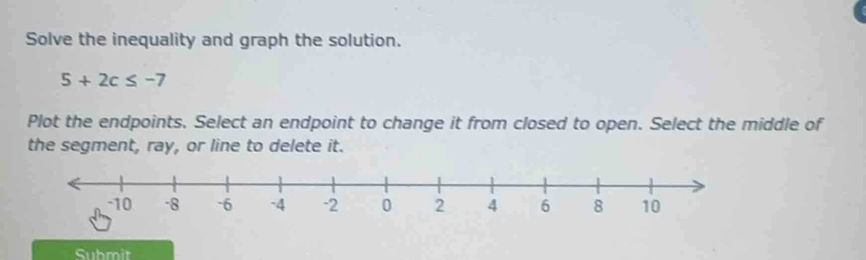 solve the inequality and graph the solution. 5 + 2c ≤ -7 plot the endpo…