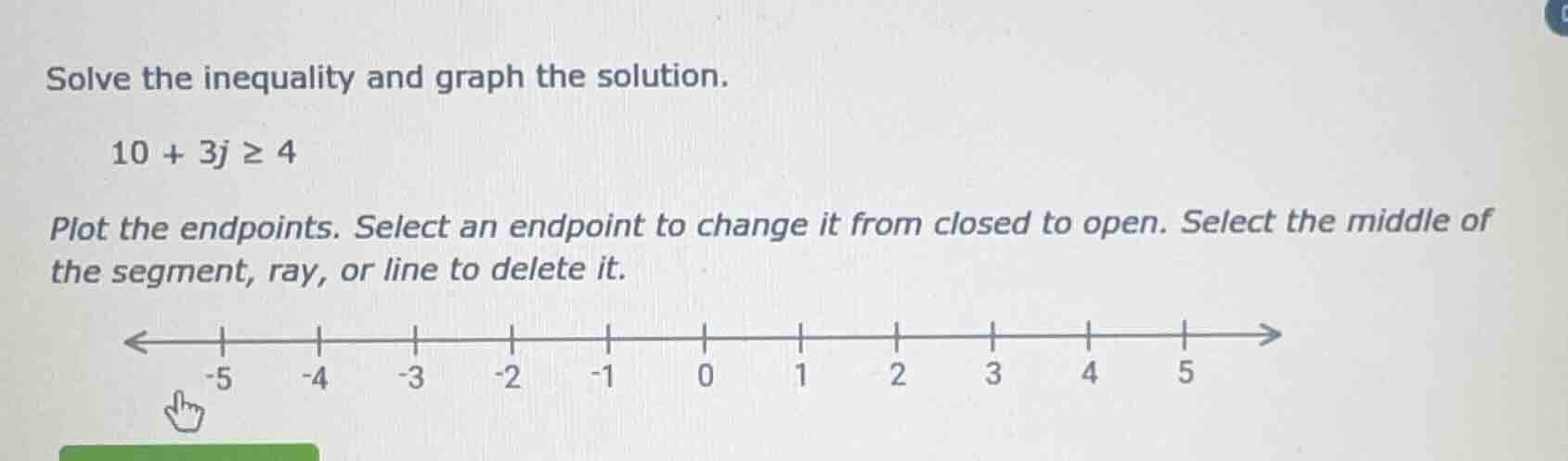 solve the inequality and graph the solution. 10 + 3j ≥ 4 plot the endpo…