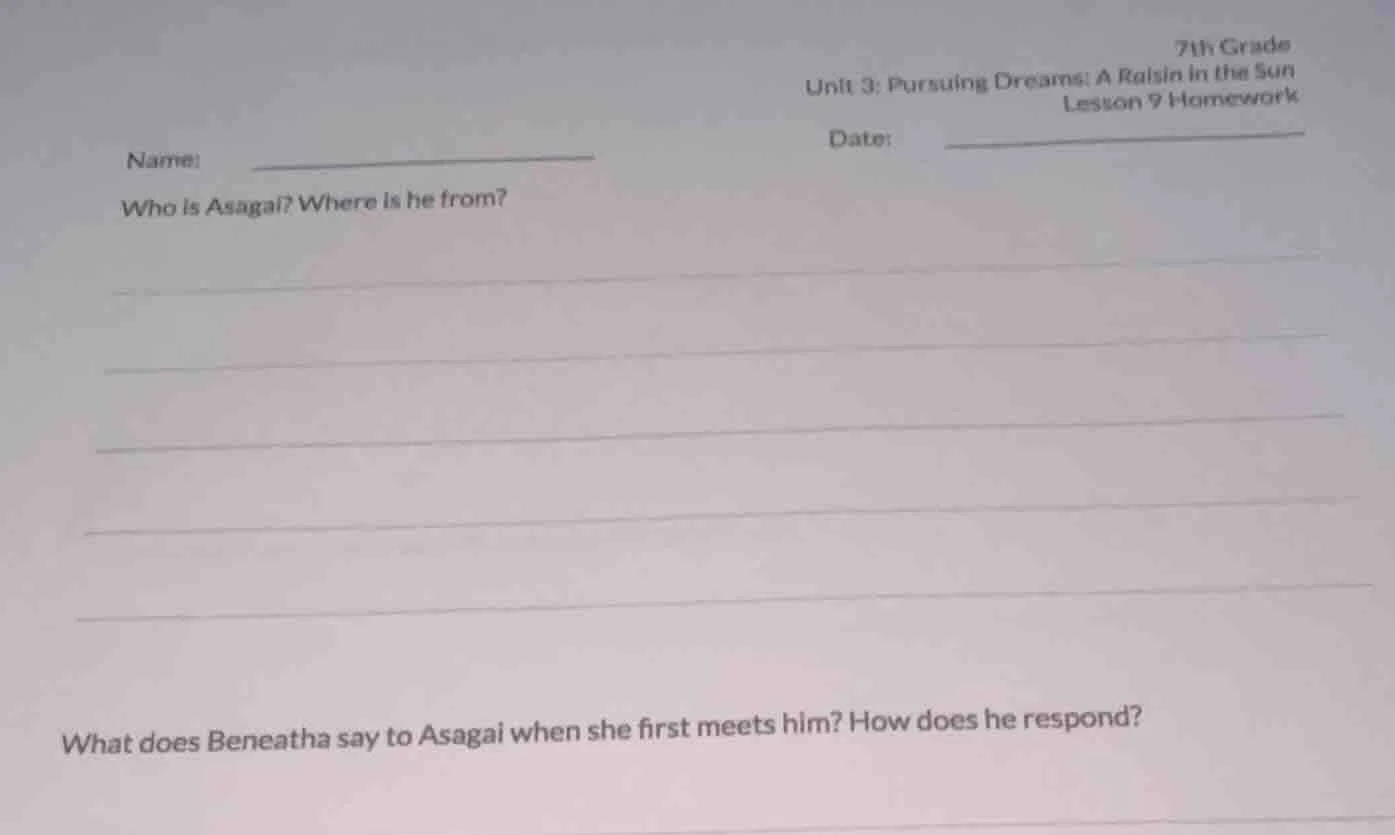 7th grade unit 3: pursuing dreams: a raisin in the sun lesson 9 homewor…