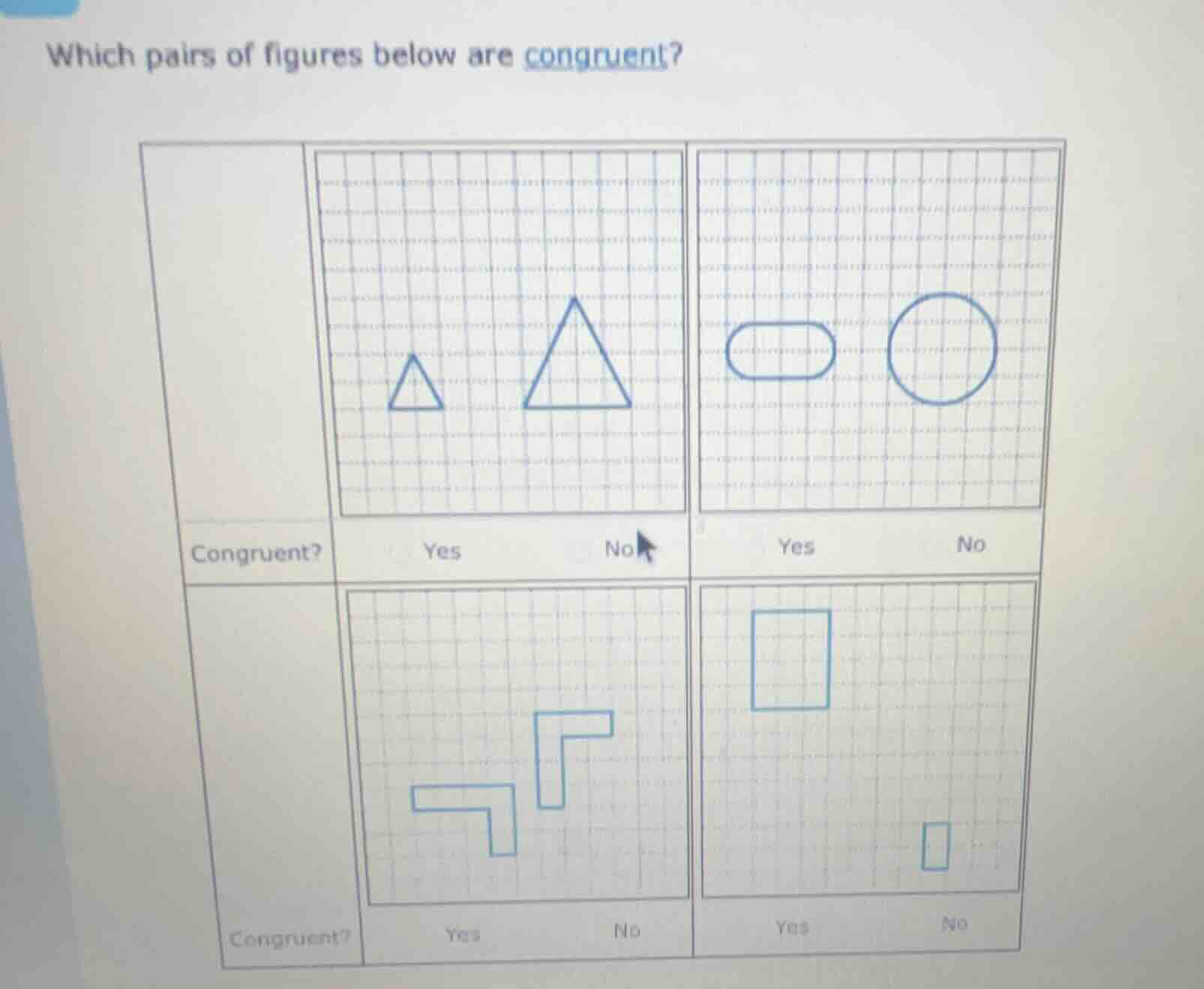which pairs of figures below are congruent? (there are four groups of f…