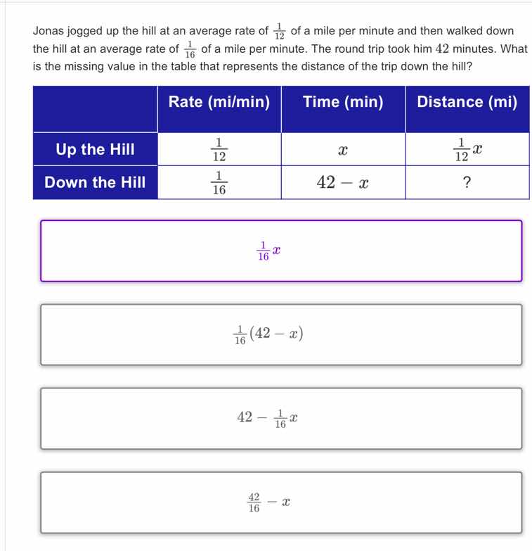 jonas jogged up the hill at an average rate of \\(\\frac{1}{12}\\) of a…