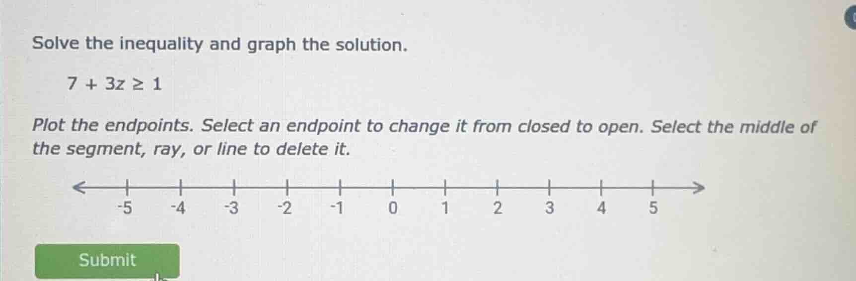 solve the inequality and graph the solution. 7 + 3z ≥ 1 plot the endpoi…