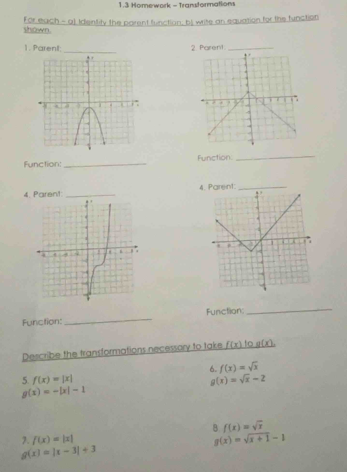 1.3 homework - transformations for each - a) identify the parent functi…
