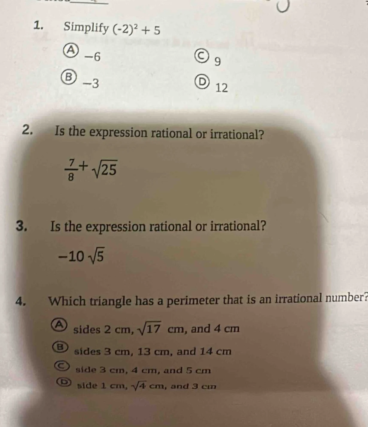 1. simplify $(-2)^2 + 5$ a $-6$ c $9$ b $-3$ d $12$ 2. is the expressio…
