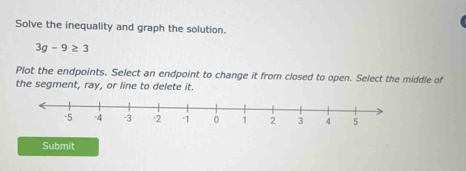 solve the inequality and graph the solution. 3g - 9 ≥ 3 plot the endpoi…