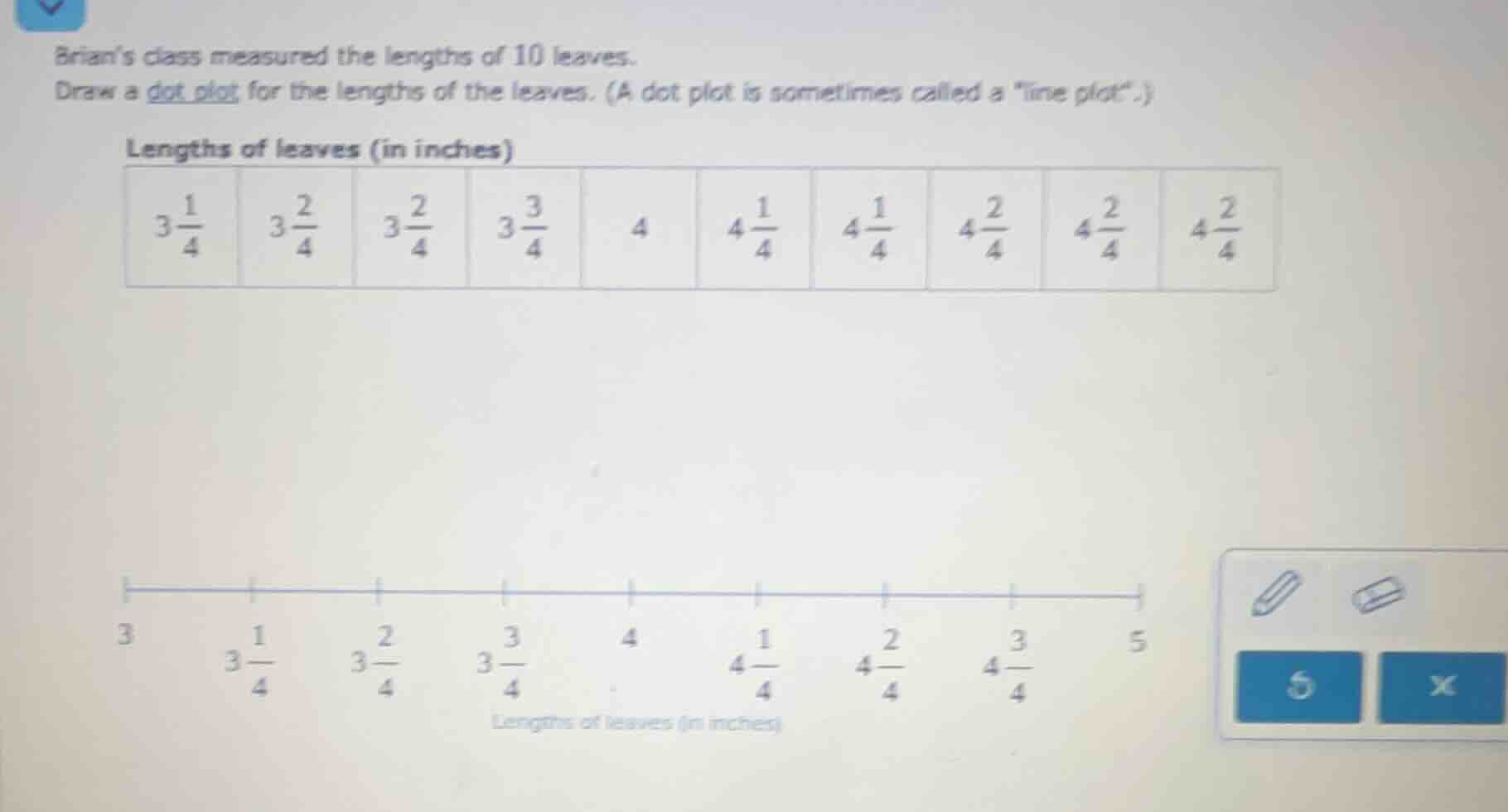 brian’s class measured the lengths of 10 leaves. draw a dot plot for th…