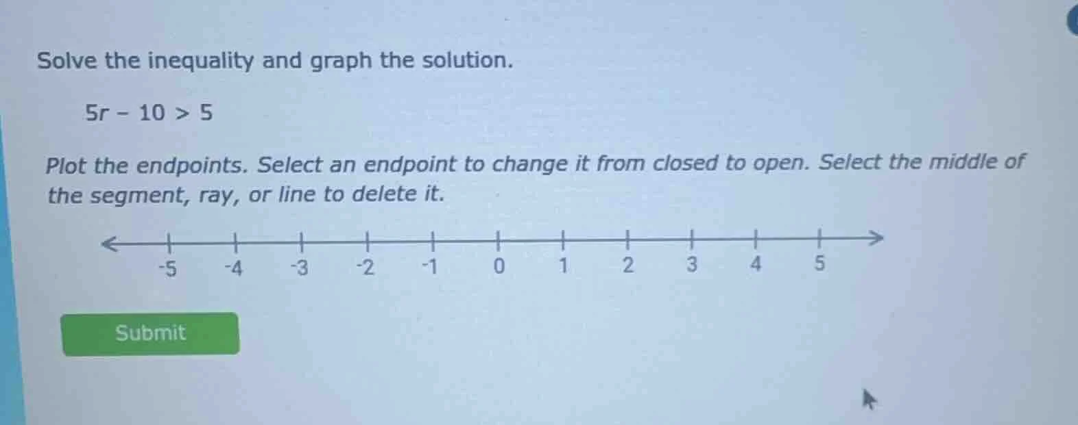 solve the inequality and graph the solution. 5r - 10 > 5 plot the endpo…