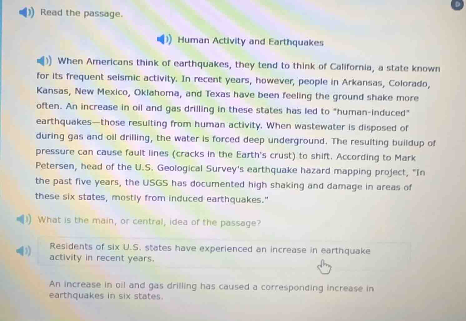 read the passage. human activity and earthquakes when americans think o…