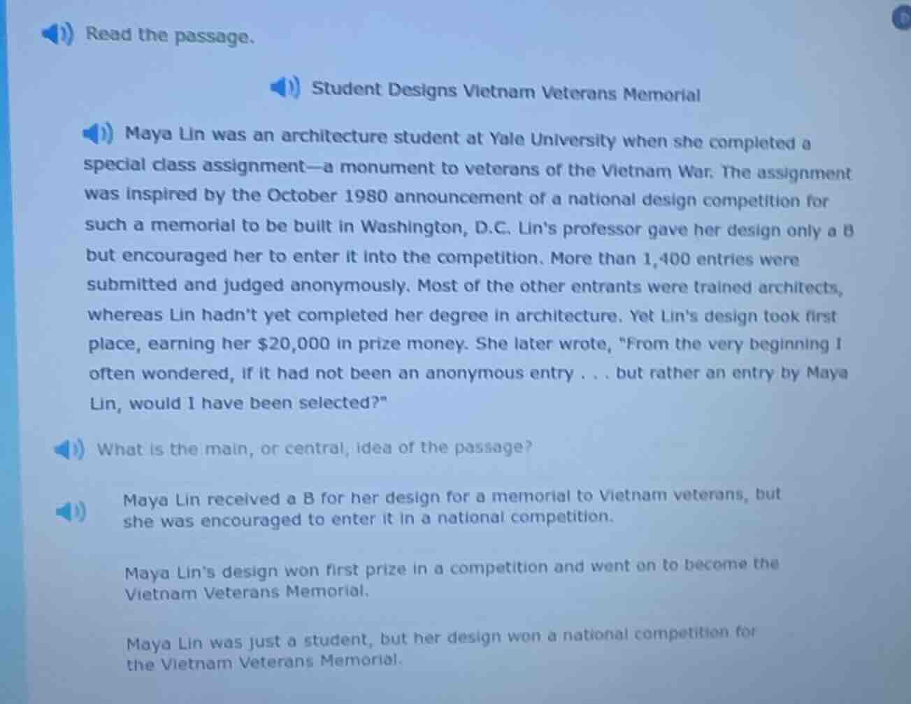 read the passage. student designs vietnam veterans memorial maya lin wa…