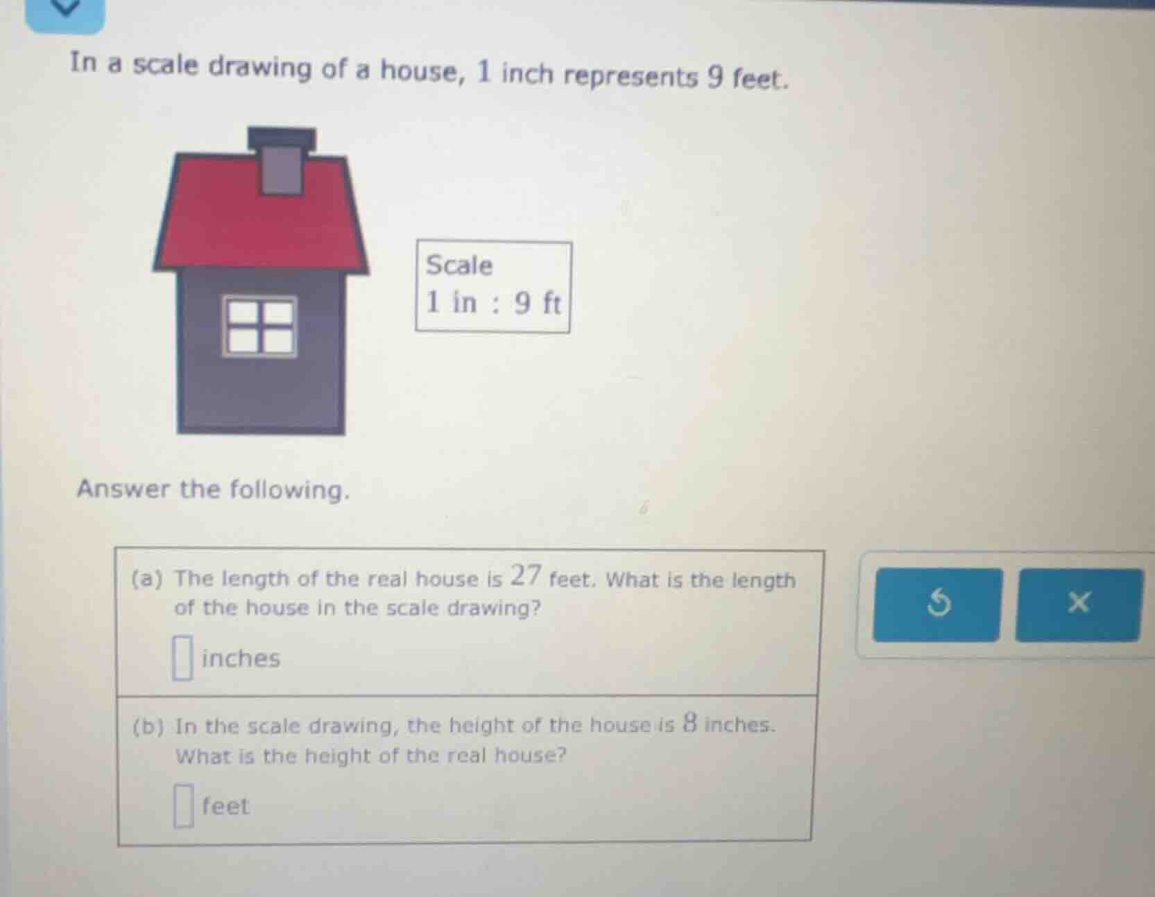 in a scale drawing of a house, 1 inch represents 9 feet. scale 1 in : 9…