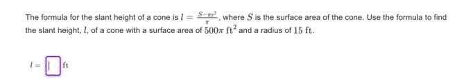 the formula for the slant height of a cone is $l = \\frac{s - \\pi r^2}…