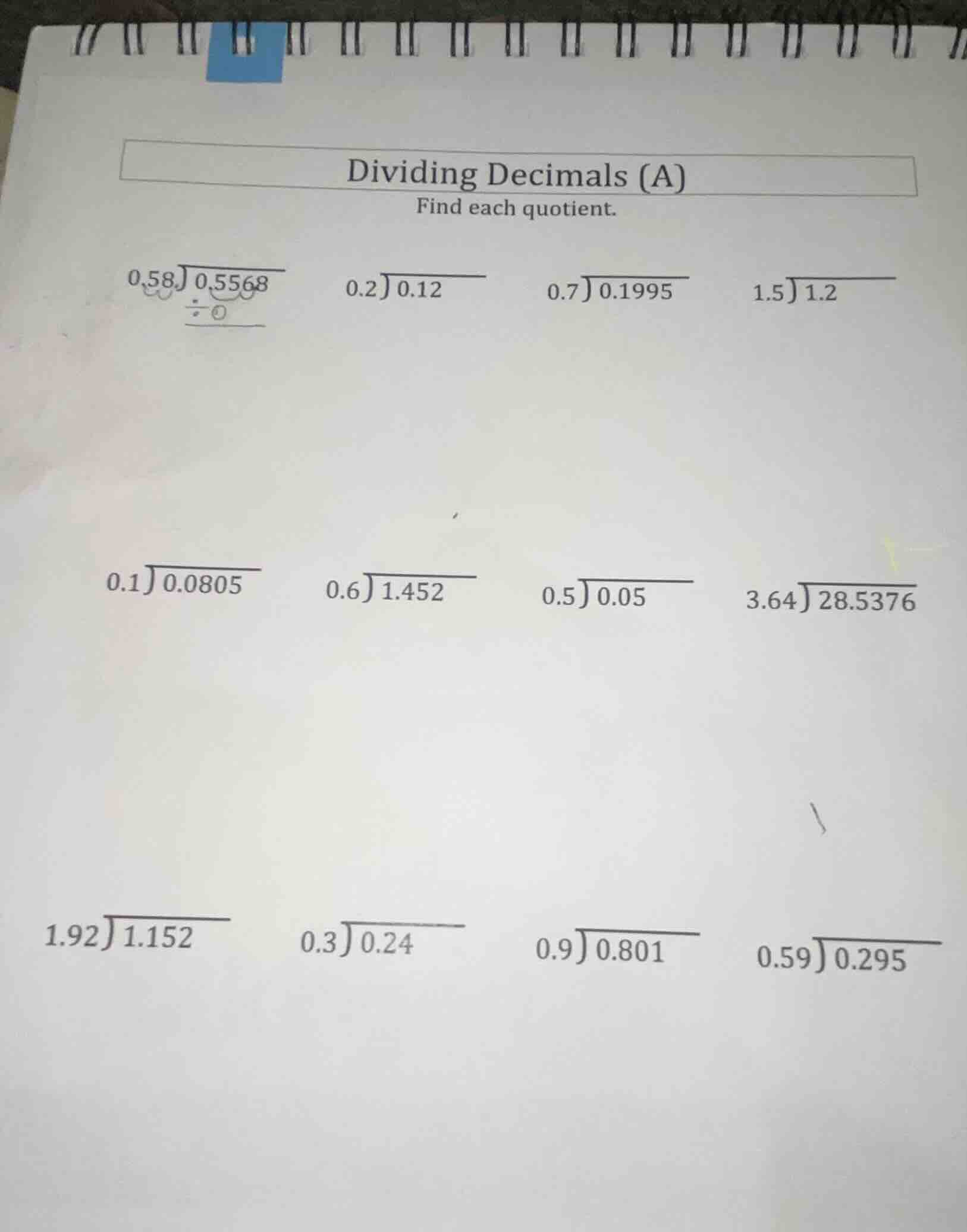 dividing decimals (a) find each quotient. $0.58 \\overline{)0.5568}$ $0…