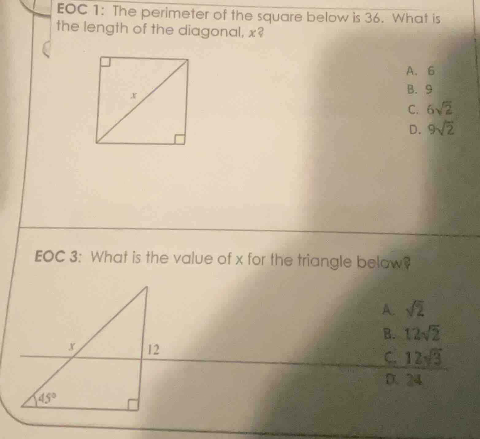 eoc 1: the perimeter of the square below is 36. what is the length of t…