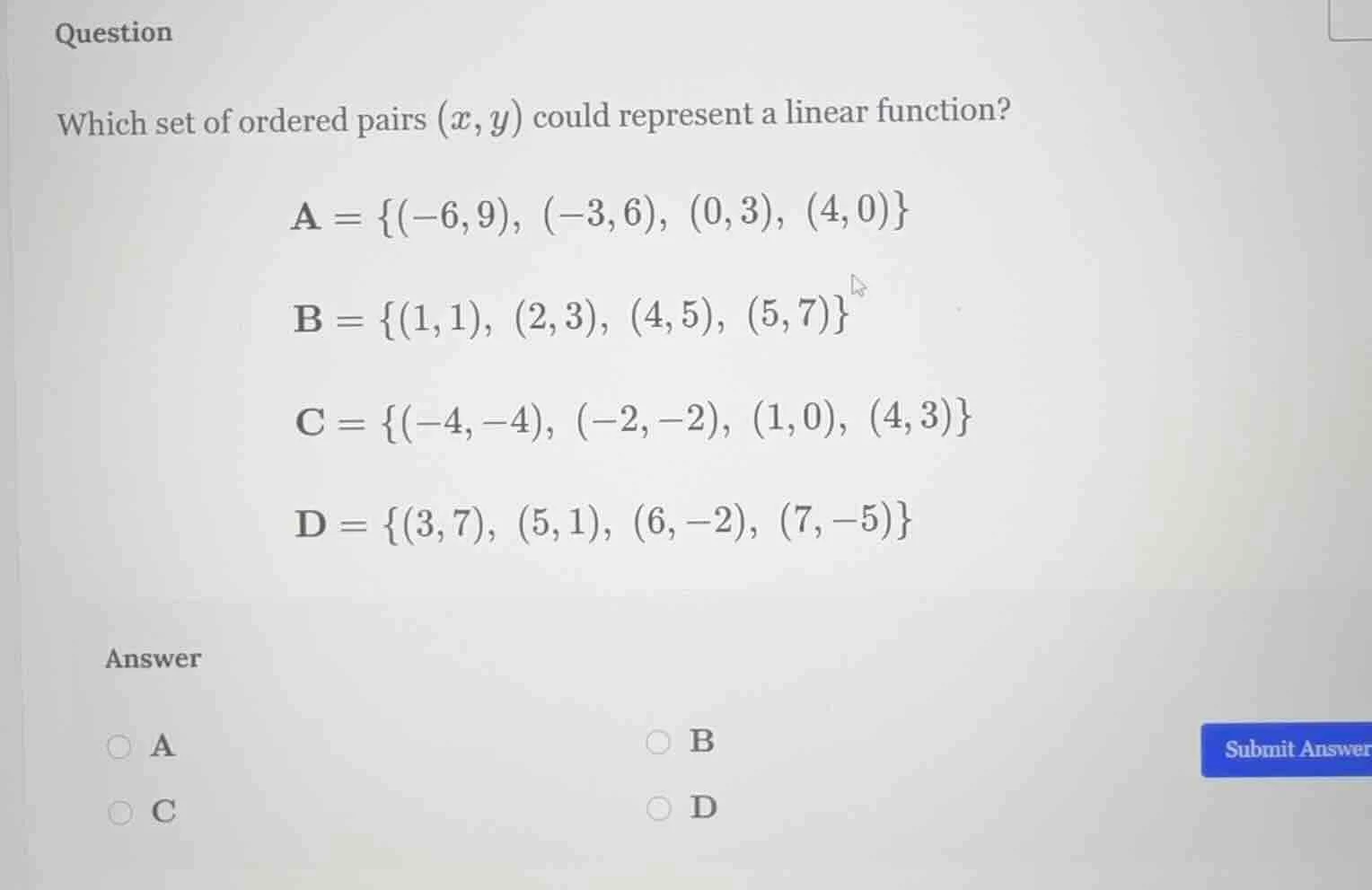 question which set of ordered pairs ((x, y)) could represent a linear f…