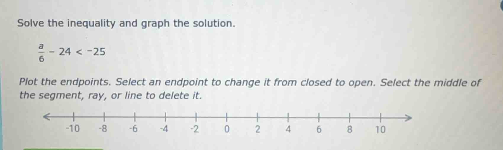 solve the inequality and graph the solution. \\(\frac{a}{6} - 24 < -25\…