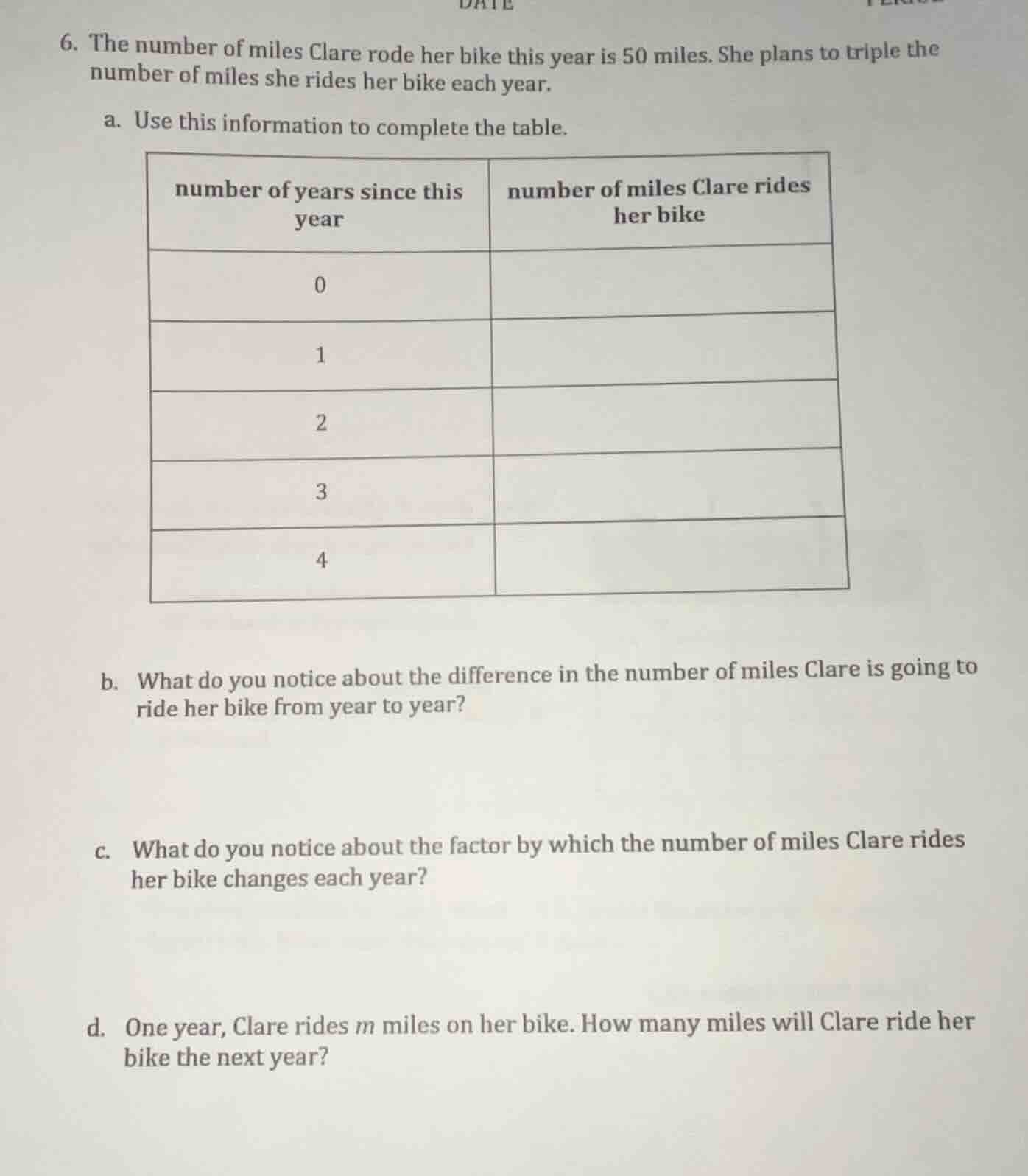 6. the number of miles clare rode her bike this year is 50 miles. she p…