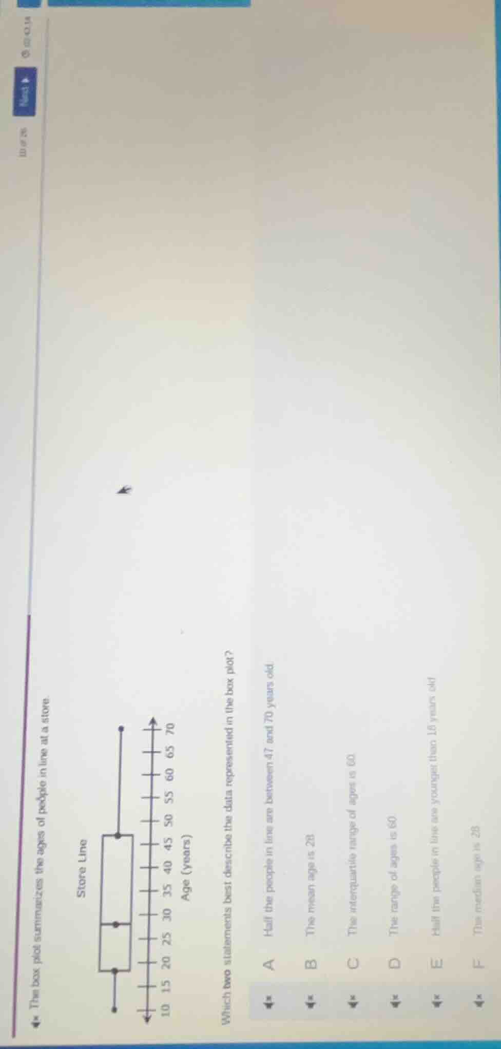 this box plot summarizes the ages of people in line at a store. which t…