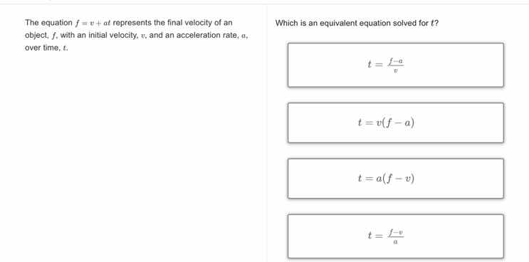 the equation $f = v + at$ represents the final velocity of an object, $…